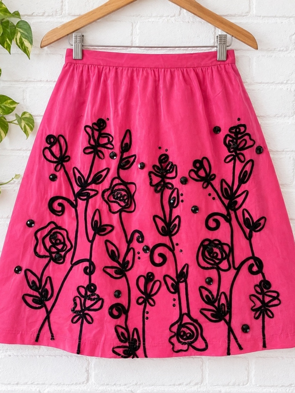 100% Silk Hot Pink Floral Embellished A-Line Skirt NWT WDNY